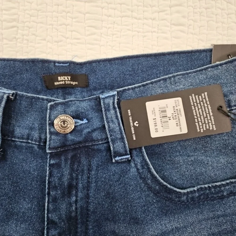 NWT True Religion Ricky Jeans Men's 34x34 Medium‎ Wash Relaxed Straight Leg NEW